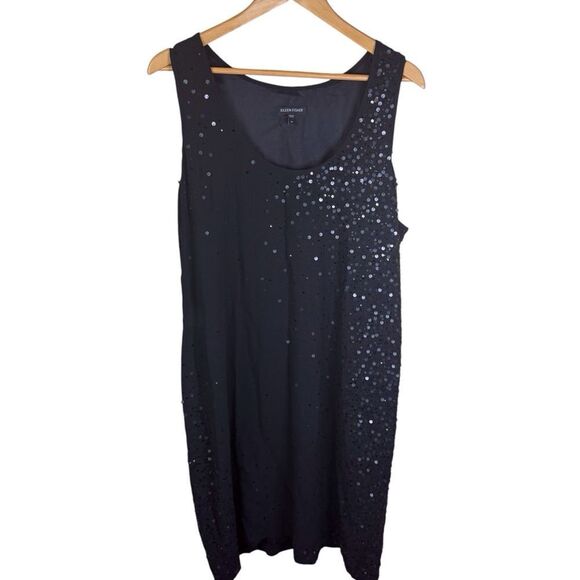 Eileen Fisher XL Silk Georgette Crepe Sequined Knee Length Dress Black Formal - Picture 2 of 6